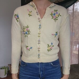 Vintage Stephen Chu Floral Embroidered Pearl Button Sweater Cardigan Size Small
